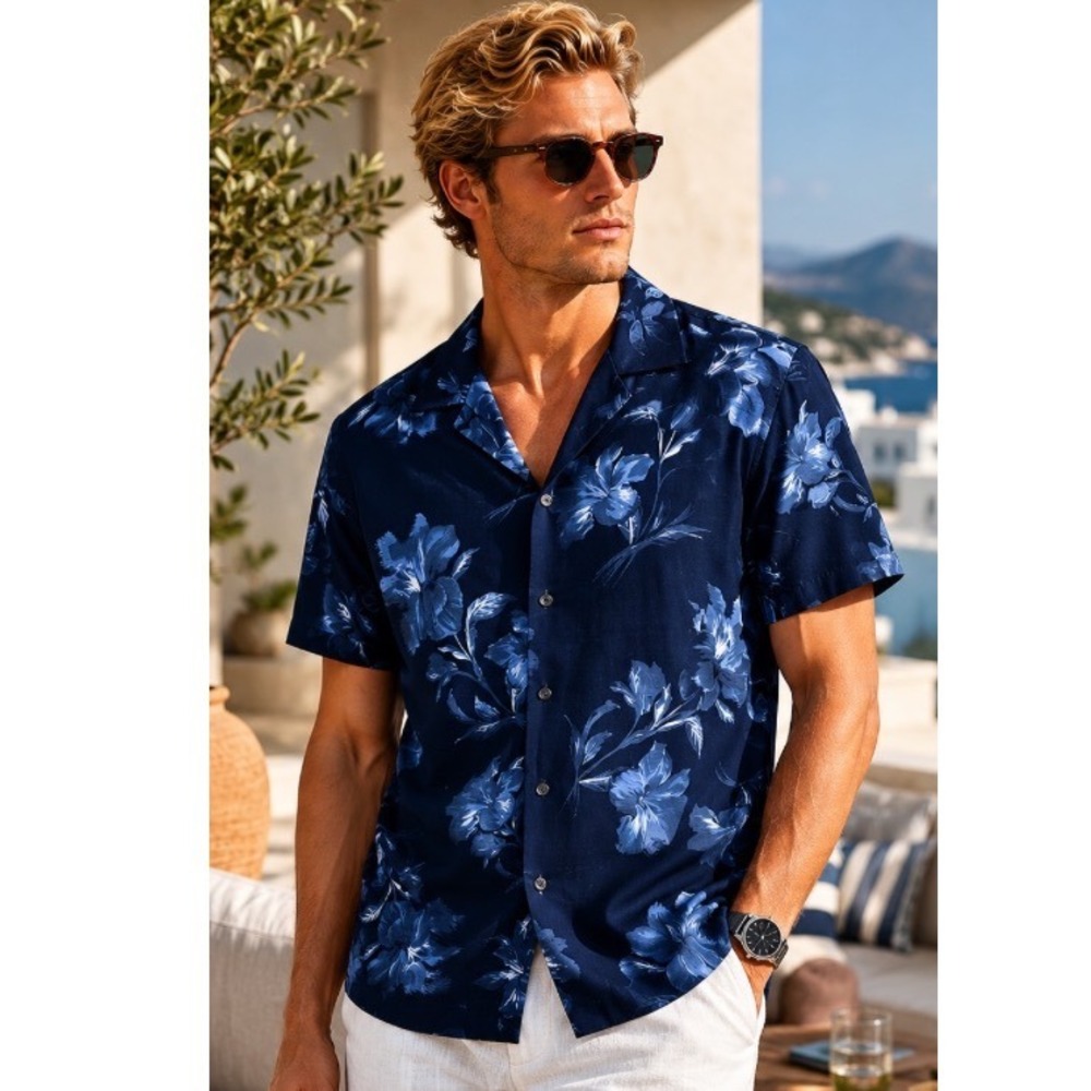 TED BAKER London Blue Nights Floral Camp Collar Button Up Shirt Large NWT
